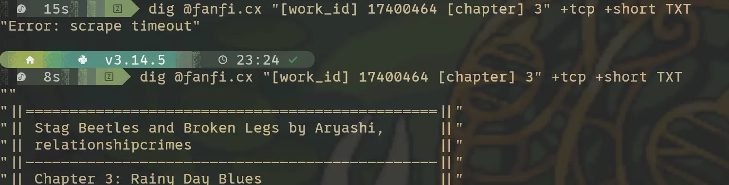 Query and read fanfiction from the Archive of Our Own over DNS. 