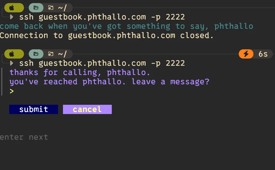 An SSHable guestbook. Sign it here: ssh guestbook.phthallo.com -p 2222